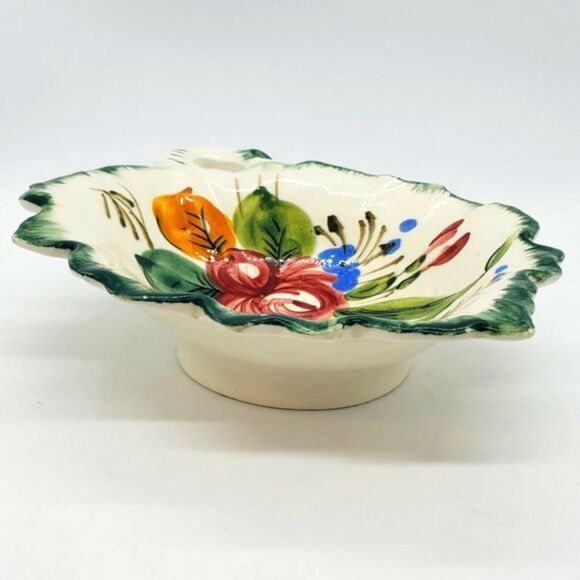 Italian Hand Painted Vtg Pottery Floral Leaf Ceramic Trinket, Candy, or Nut Dish - Picture 2 of 7